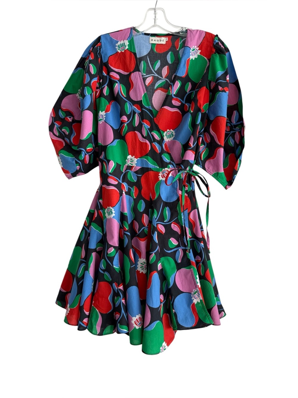 RHODE Claudine Mini Wrap Dress Ink Martinique Floral Size XS Puff Sleeve
